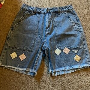Easel Blue Jean Shorts with Patchwork Detail
